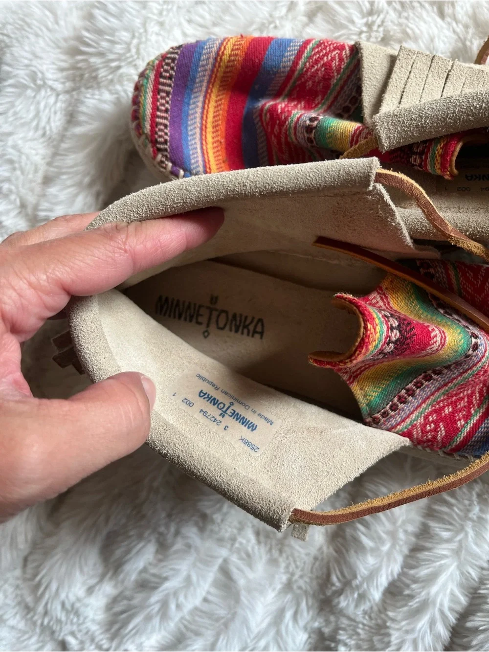 Minnetonka Beige Suede Moccasins with Multicolor Woven Toe
